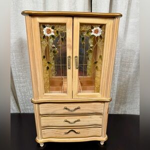 Vintage Wooden Jewelry Armoire Stained Glass Floral Doors Mirror & Drawers
